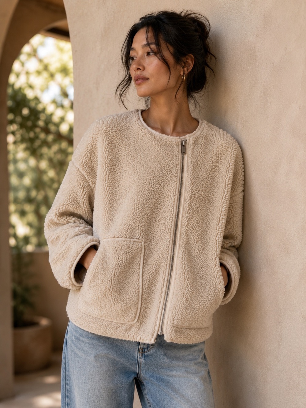 ELIZABETH AND JAMES Teddy Sherpa Zip Jacket Cream Faux Shearling Oversized Small